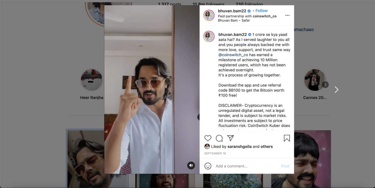 CoinSwitch's Instagram campaign featuring comedian Sunil Grover. (screen shot)