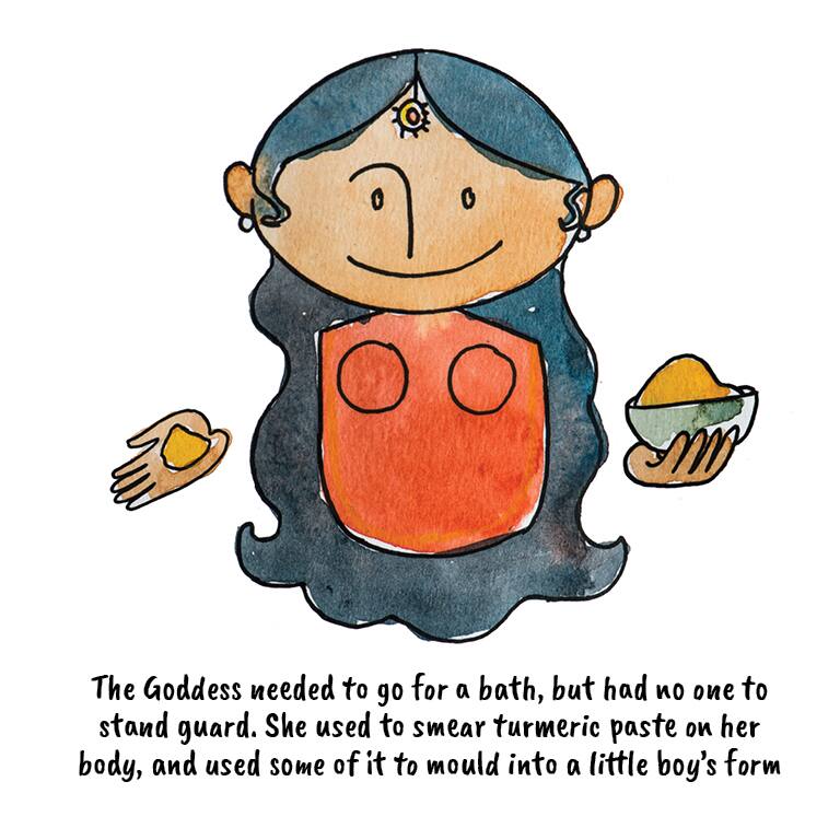 The Goddess needed to go for a bath, but had no one to stand guard. She used to smear turmeric paste on her body, and used some of it to mould into a little boy's form (Image: News18 Creative)