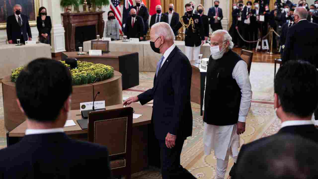 US President Joe Biden leads the way as he and India's Prime Minister Narendra Modi arrive for a 'Quad nations' meeting at the Leaders' Summit of the Quadrilateral Framework held in the East Room at the White House in Washington. (Image: Reuters)