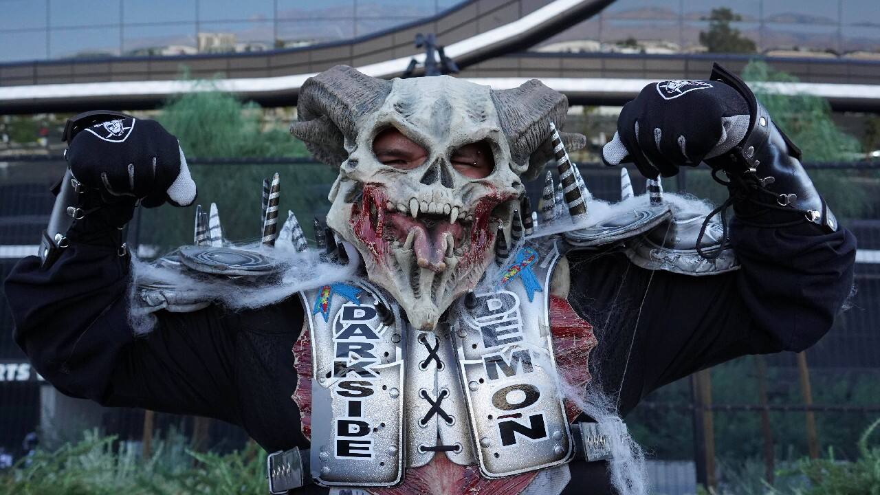 Paradise, Nevada, USA;as Vegas Raiders fan Gabriel Andrade aka Darkside Demon poses during tailgate festivities before the game against the Miami Dolphins at Allegiant Stadium. (Image: Reuters/Kirby Lee-USA TODAY Sports)