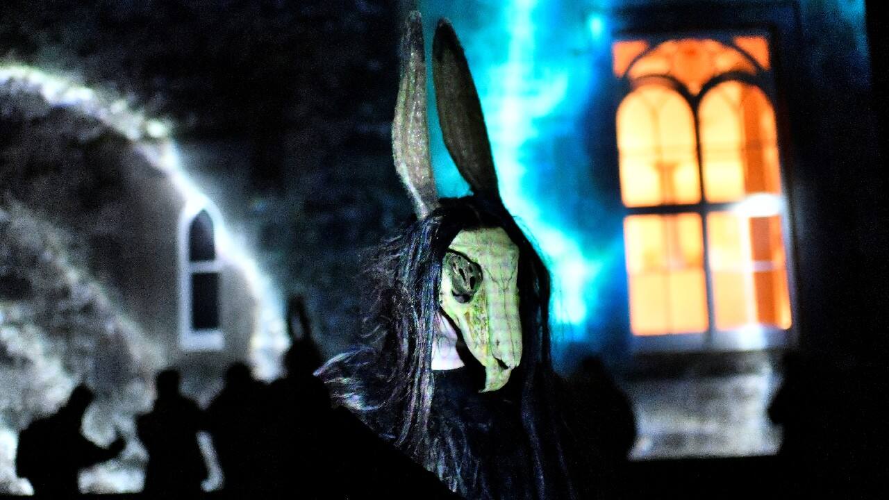 A character dressed up as 'Puca' walks in front of projections illuminated onto Slane Castle as part of a Halloween festival called 'Puca' celebrating the Celtic tradition of Samhain in Slane, Ireland, October 22. (Image: Reuters)