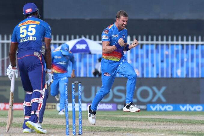 Anrich Nortje took the wicket of Kieron Pollard as Mumai Indians just managed to reach the total of 129/8 in 20 overs. (Image: IPL/BCCI) Anrich Nortje took the wicket of Kieron Pollard as Mumai Indians just managed to reach the total of 129/8 in 20 overs. (Image: IPL/BCCI)