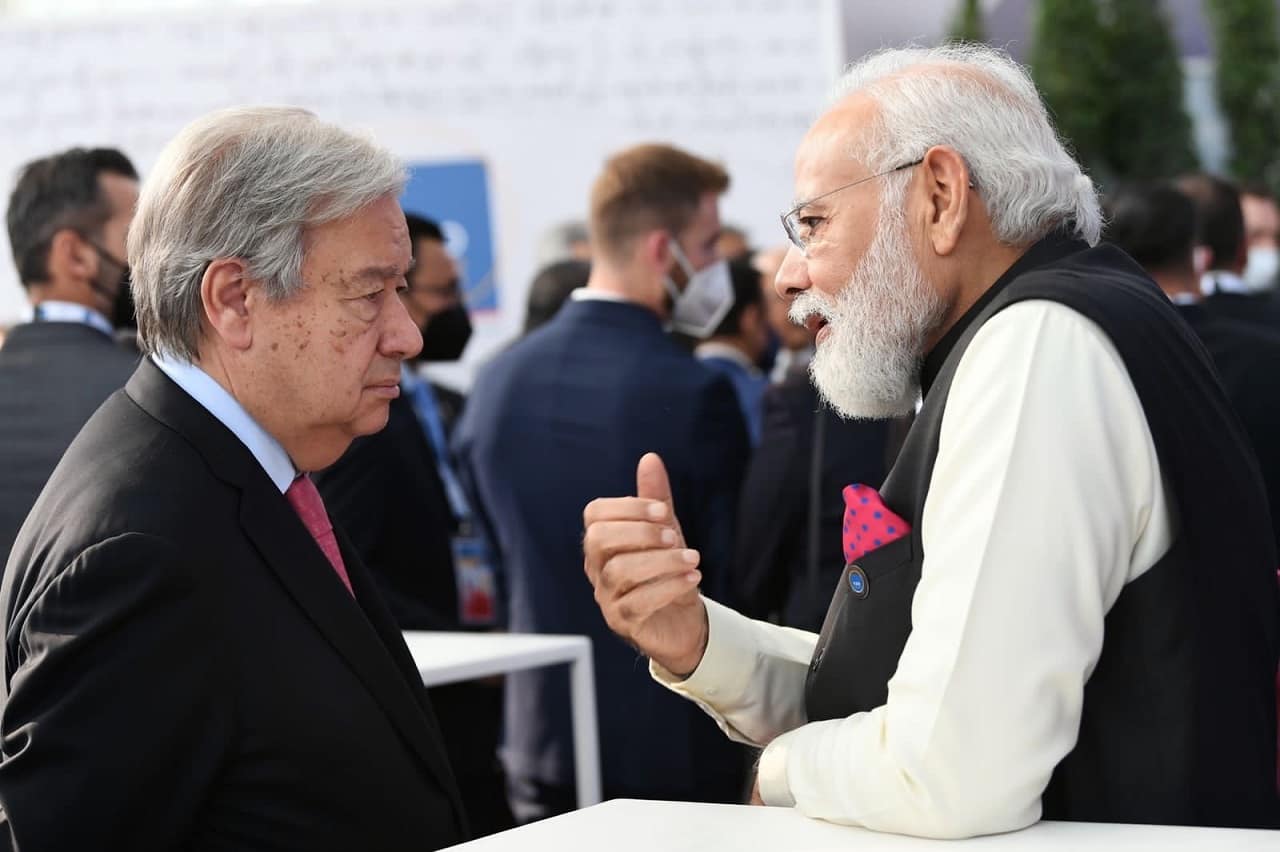 The Indian Prime Minister is seen engaged in a conversation with United Nations Secretary-General António Guterres