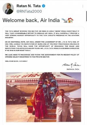 Ratan Tata tweet on winning Air India bid