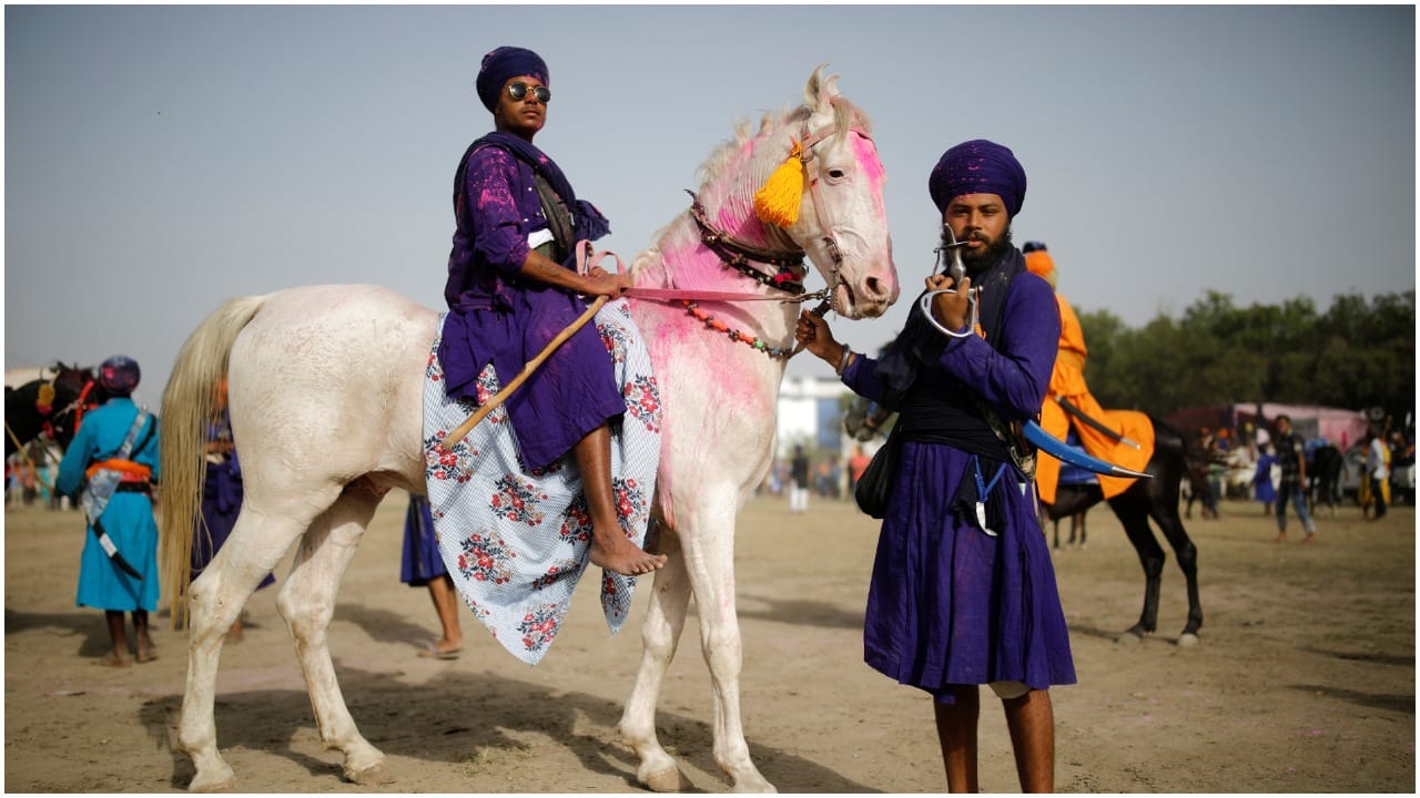 Nihang, or a Sikh warriors at the farmers protest site in Singhu in March 2021.