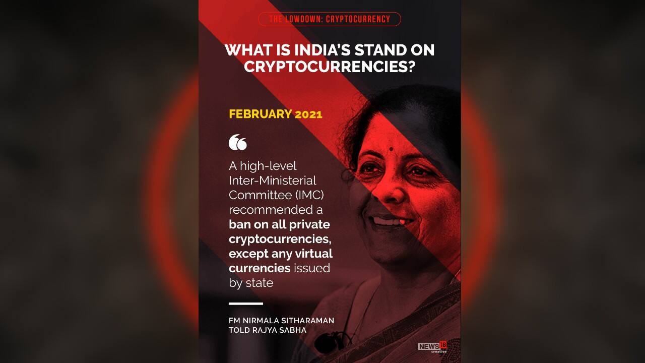 In February 2021, Finance Minister of India Nirmala Sitharaman told Rajya Sabha, “a high-level Inter-Ministerial Committee (IMC) recommended a ban on all private cryptocurrencies, except any virtual currencies issued by state. (Image: News18 Creative) In February 2021, Finance Minister of India Nirmala Sitharaman told Rajya Sabha, “a high-level Inter-Ministerial Committee (IMC) recommended a ban on all private cryptocurrencies, except any virtual currencies issued by state. (Image: News18 Creative)