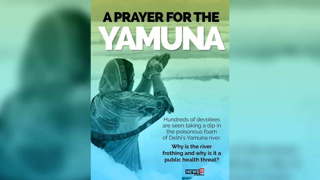 Hundreds of devotees are seen taking a dip in the poisonous foam of Delhi’s Yamuna river. Why is the river frothing and why is it a public health threat? (Image: News18 Creative)