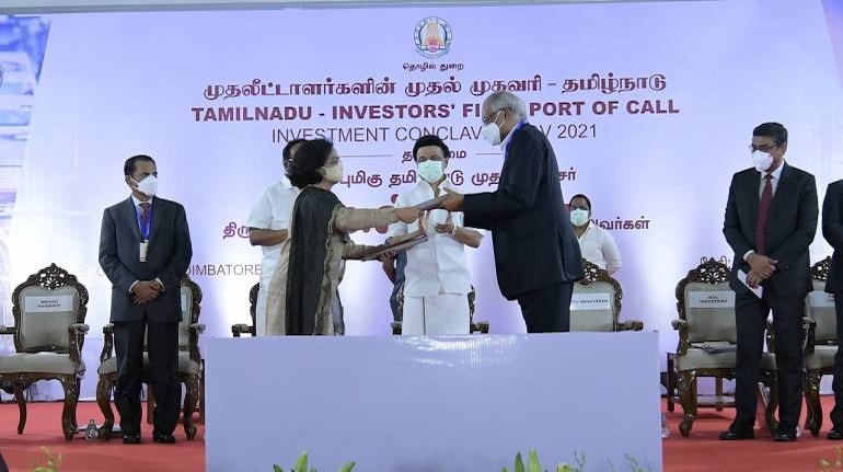 The MoU was signed in the presence of Tamil Nadu Chief Minister MK Stalin and chairman of TVS Motor Company, Venu Srinivasan The MoU was signed in the presence of Tamil Nadu Chief Minister MK Stalin and chairman of TVS Motor Company, Venu Srinivasan