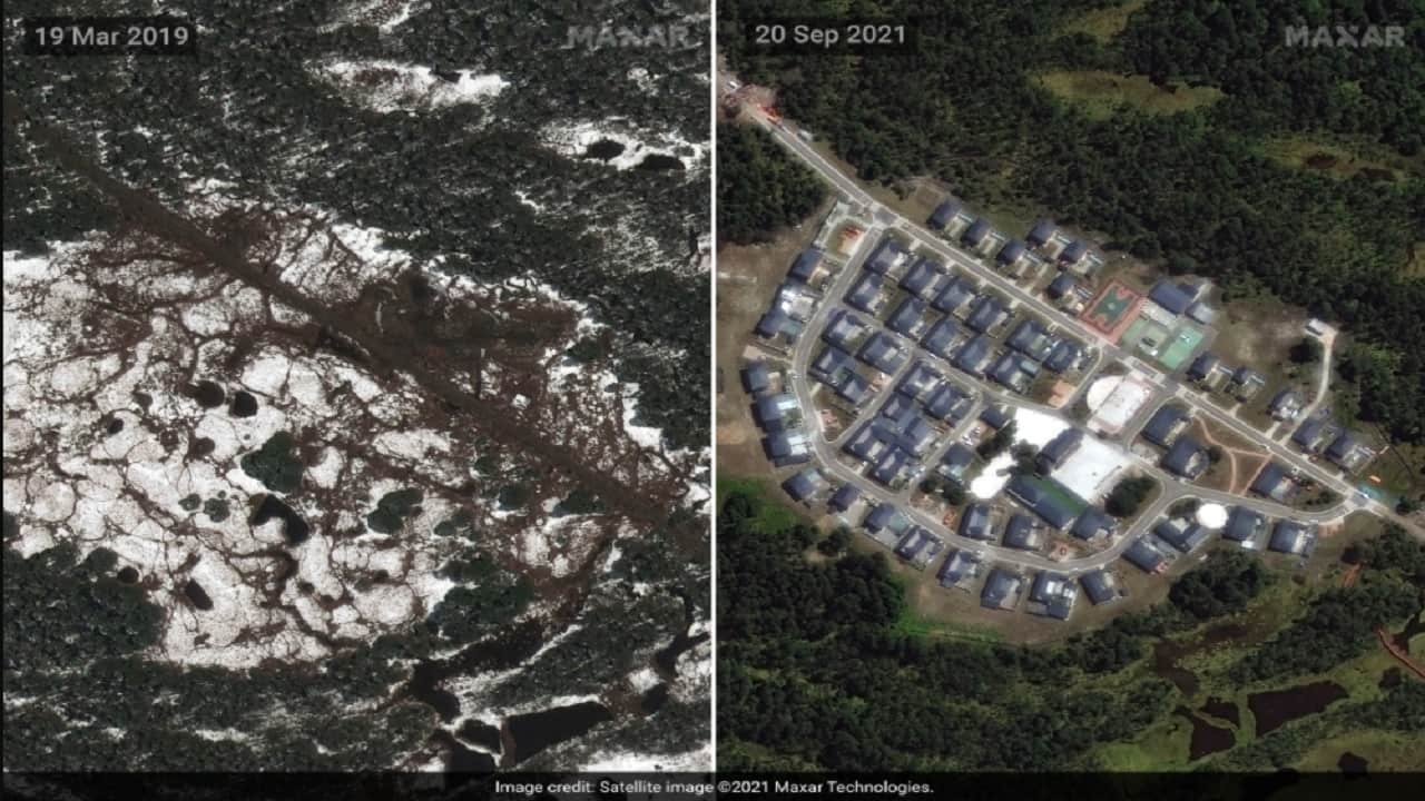 Chinese enclave constructed between March 2019 and February 2021 within Shi Yomi district of Arunachal Pradesh. (PC-Satellite Image @2021 Maxar Technologies)