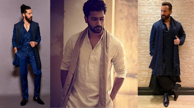 (from left) Actors Dino Morea, Vicky Kaushal and Saif Ali Khan in menswear designed by Kunal Rawal.