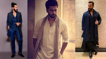 (from left) Actors Dino Morea, Vicky Kaushal and Saif Ali Khan in menswear designed by Kunal Rawal.