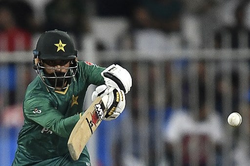 Pakistan's Mohammad Hafeez plays a shot during the ICC men's Twenty20 World Cup cricket match between Pakistan and Scotland at the Sharjah Cricket Stadium in Sharjah on November 7, 2021. (Image credit: AFP)