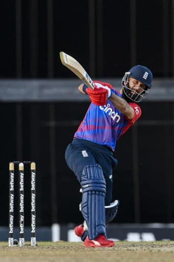 Moeen Ali, of England, hits 6 during the 4th T20I between West Indies and England at Kensington Oval, Bridgetown, Barbados, on January 29.