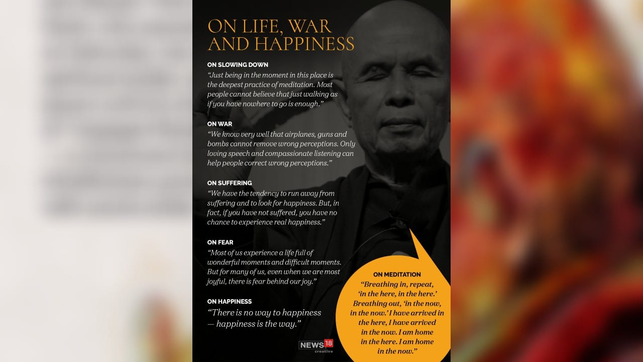 “Breathing in, repeat, ‘in the here, in the here.’ Breathing out, ‘in the now, in the now.’ I have arrived in the here, I have arrived in the now. I am home in the here. I am home in the now.” (Image: News18 Creative)