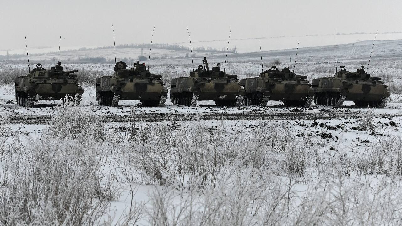 A view shows Russian BMP-3 infantry fighting vehicles during drills held by the armed forces of the Southern Military District at the Kadamovsky range in the Rostov region, Russia January 27. (Image: Reuters)