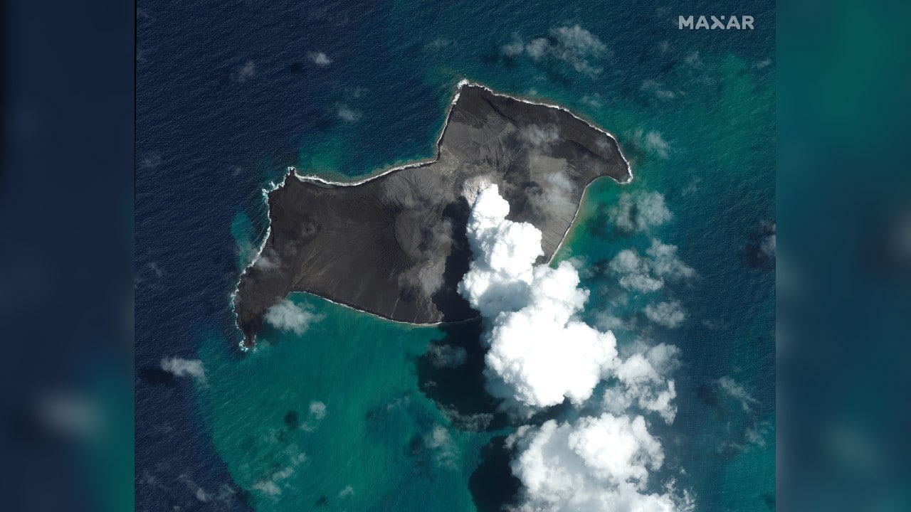 This satellite image provided by Maxar Technologies shows an overview of Hunga Tonga Hunga Ha'apai volcano in Tonga on January 6, before a huge undersea volcanic eruption. (Image: Satellite image by Maxar Technologies via AP)