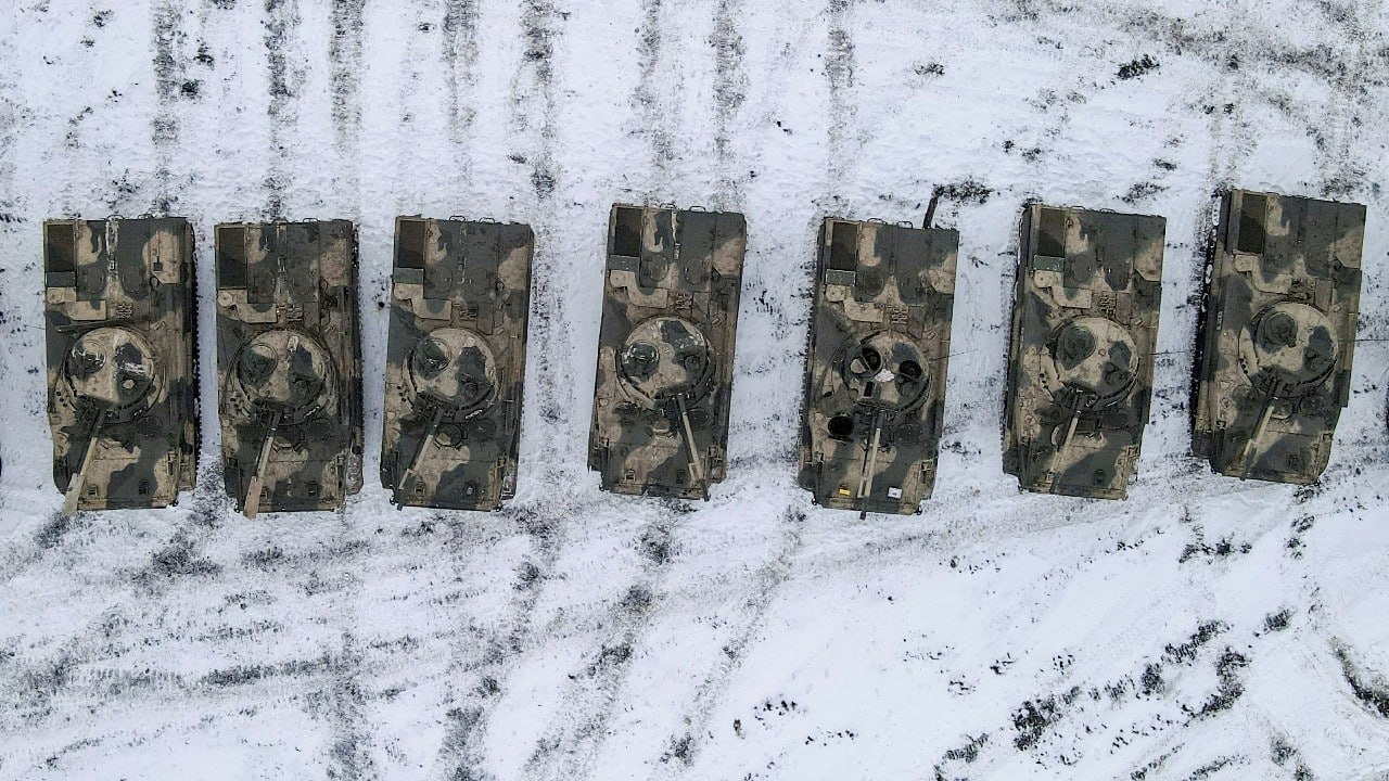 An aerial view shows Russian BMP-3 infantry fighting vehicles during drills held by the armed forces of the Southern Military District at the Kadamovsky range in the Rostov region, Russia January 27. (Image: Reuters)