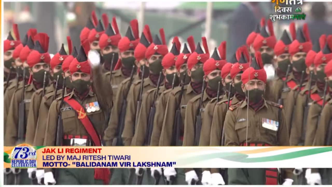 The contingent of J&K Light Infantry (JAK LI), led by Maj Ritesh Tiwari of 5th Battalion of JAK LI, marches down the Rajpath. The contingent is attired in the Indian Army Uniform of the 1970s and carrying 7.62mm SLR. The contingent of J&K Light Infantry (JAK LI), led by Maj Ritesh Tiwari of 5th Battalion of JAK LI, marches down the Rajpath. The contingent is attired in the Indian Army Uniform of the 1970s and carrying 7.62mm SLR.