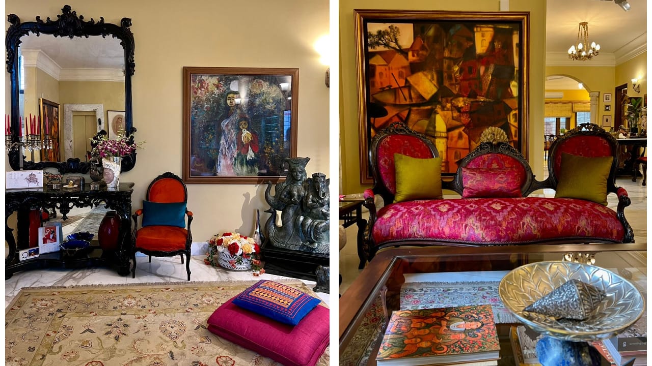 A giant mirror dominates the living room. Next to it, is an old oil-on-canvas by Jayasri Burman and her Ganesh Janani sculpture; (right) Paresh Maity's painting 'Benaras' also hangs in the living room.