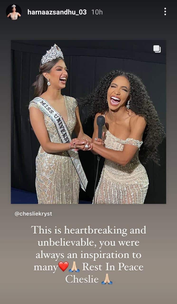 Miss Universe Harnaaz Sindhu paid tribute to former Miss USA Cheslie Kryst.