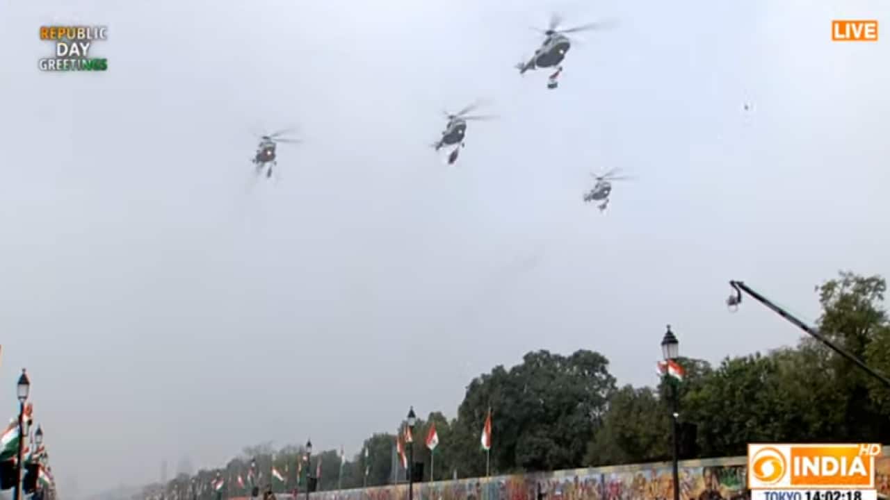 Four Mi-17V5 helicopters of the 155 Helicopter Unit flying in a wine glass formation at Republic Day parade. Four Mi-17V5 helicopters of the 155 Helicopter Unit flying in a wine glass formation at Republic Day parade.
