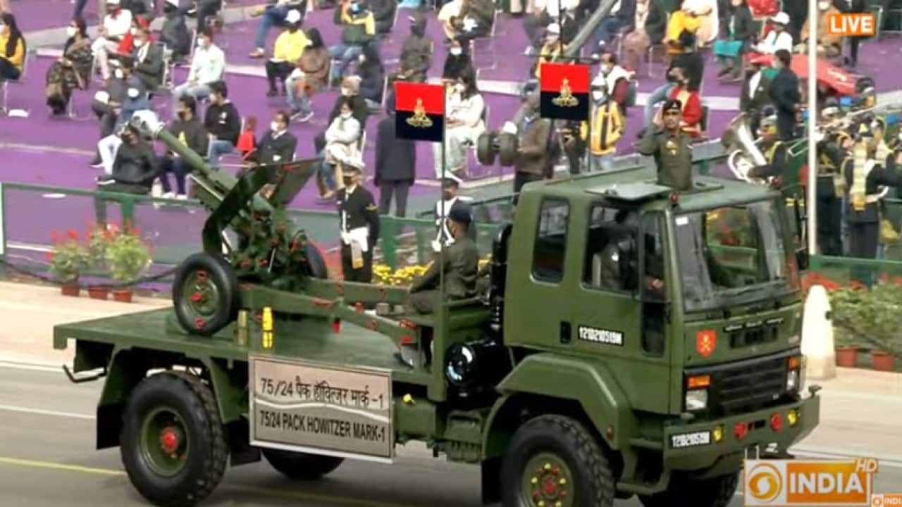75/24 Pack Howitzer MK-I indigenously developed gun system in front of the saluting dais during Republic Day parade at Rajpath. 75/24 Pack Howitzer MK-I indigenously developed gun system in front of the saluting dais during Republic Day parade at Rajpath.
