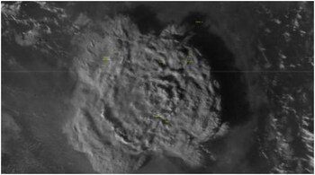 Tonga volcano: The initial eruption lasted at least eight minutes and sent plumes of gas, ash and smoke several kilometres into the air. (Credit: NWS Honolulu Twitter)
