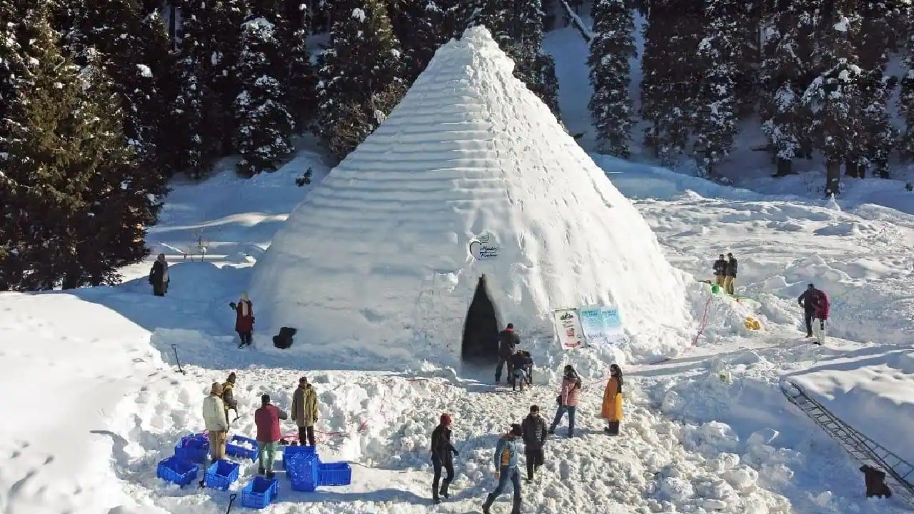 An igloo cafe named ‘Snowglu’ in Kashmir’s Gulmarg has become a new tourist attraction recently. The cafe has been set up at the famous ski resort of Gulmarg. Syed Wasim Shah, the creator of the igloo, claimed the structure to be the world's largest cafe of its kind. (Image: ANI)