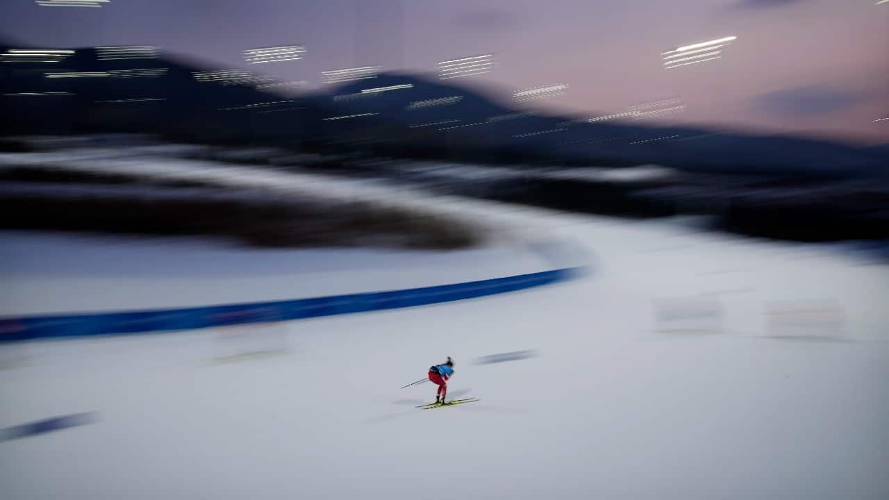 A Russian athlete trains during cross-country skiing training at the 2022 Winter Olympics, February 9, in Zhangjiakou, China. (Image: AP)
