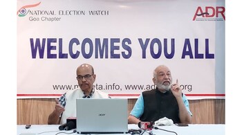 Prof Bhasker Assoldekar (left), Association for Democratic Reforms’ Goa coordinator, released the 'Goa Assembly Elections 2022: Analysis of Criminal Background, Financial, Education, Gender and other Details of Candidates' report in Panaji on February 8, 2022.