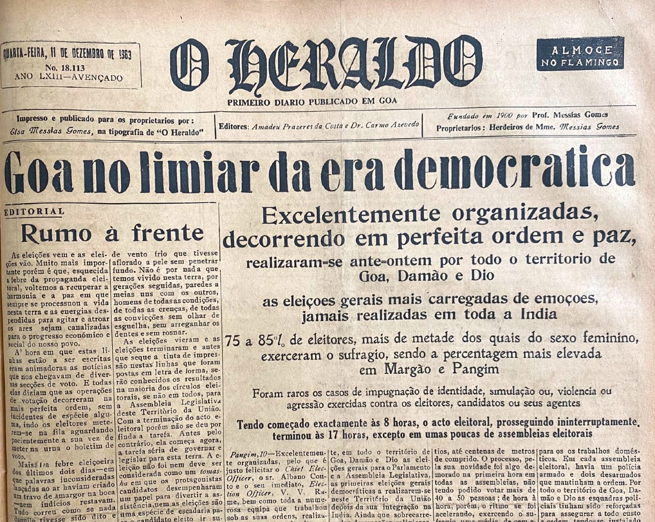 Front page of 'O Heraldo' newspaper dated December 11, 1963. (Image/information sourced from the Archives of  Krishnadas Shama State Central Library at Patto Centre, Panaji, Goa (www.centrallibrary.goa.gov.in))