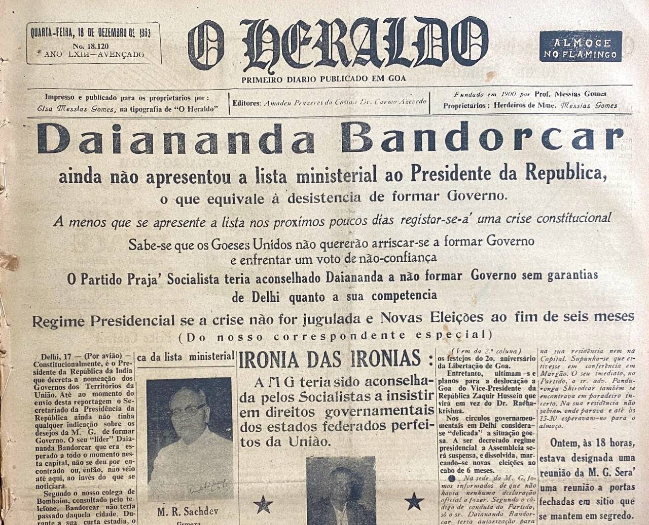 Dayanand Bandodkar was the first chief minister of Goa ('O Heraldo', a newspaper in Portuguese language, dated December 18, 1963).(Image/information sourced from the Archives of  Krishnadas Shama State Central Library at Patto Centre, Panaji, Goa (www.centrallibrary.goa.gov.in)) 