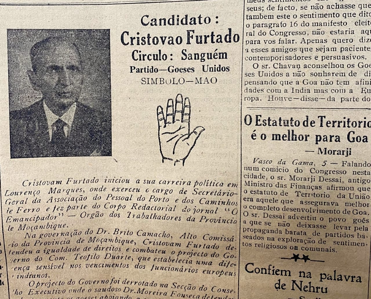 An ad seeking support for United Goan Party’s Cristovao Furtado who was contesting from the Sanguem constituency. He got 1,683 votes and lost to Maharastrawadi Gomantak Party’s candidate (Image/information sourced from the Archives of  Krishnadas Shama State Central Library at Patto Centre, Panaji, Goa (www.centrallibrary.goa.gov.in))