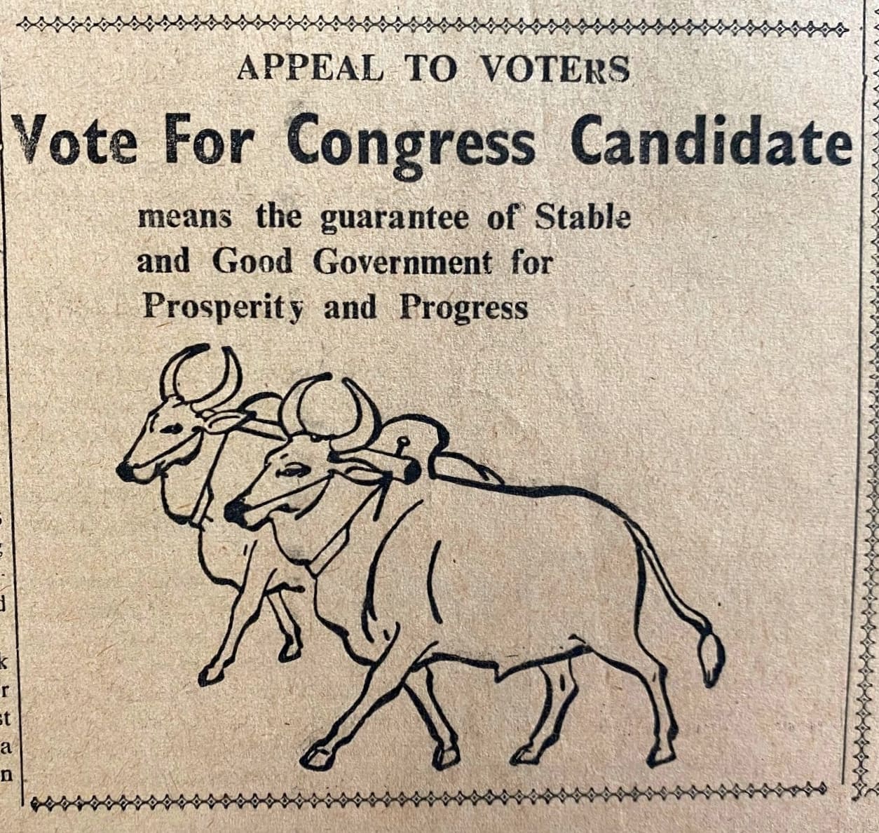 Advertisement by the Congress Party: An appeal to the voters to vote for Congress candidates. (Image/information sourced from the Archives of  Krishnadas Shama State Central Library at Patto Centre, Panaji, Goa (www.centrallibrary.goa.gov.in))