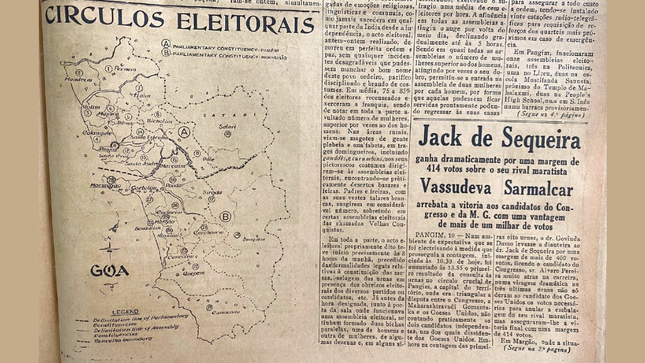 Goa’s Parliamentary constituencies and 30 assembly constituencies delineated on a map published in 'O Heraldo' newspaper. (Image/information sourced from the Archives of  Krishnadas Shama State Central Library at Patto Centre, Panaji, Goa (www.centrallibrary.goa.gov.in))