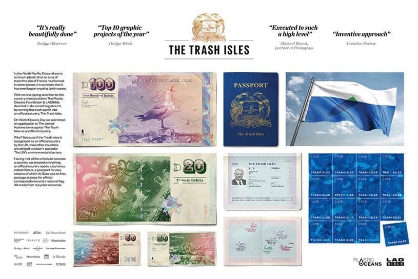 On World’s Ocean Day in 2017, the Plastics Oceans Foundation and LadBible submitted an application to the UN to recognise Trash Isles as an official country. Image courtesy: https://www.campaignlive.com/article/garbage-talks-money-doesnt-walk-trash-isles/1485503
