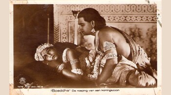 A postcard shows a still from the 1925 silent film 'Prem Sanyas' ('The Light of Asia'), starring Seeta Devi (born Renee Smith) and Himanshu Rai. (Via Wikimedia Commons)