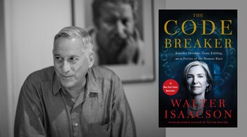 (from left) Walter Isaacson (photo by Christopher P. Michel via Wikimedia Commons 2.0), and cover of 'The Code Breaker' (image courtesy Simon & Schuster).