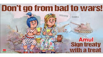 Amul, a brand that’s known for its topical advertising, recently came out with a “plea to defuse the Russia-Ukraine conflict”. (Image via Twitter)