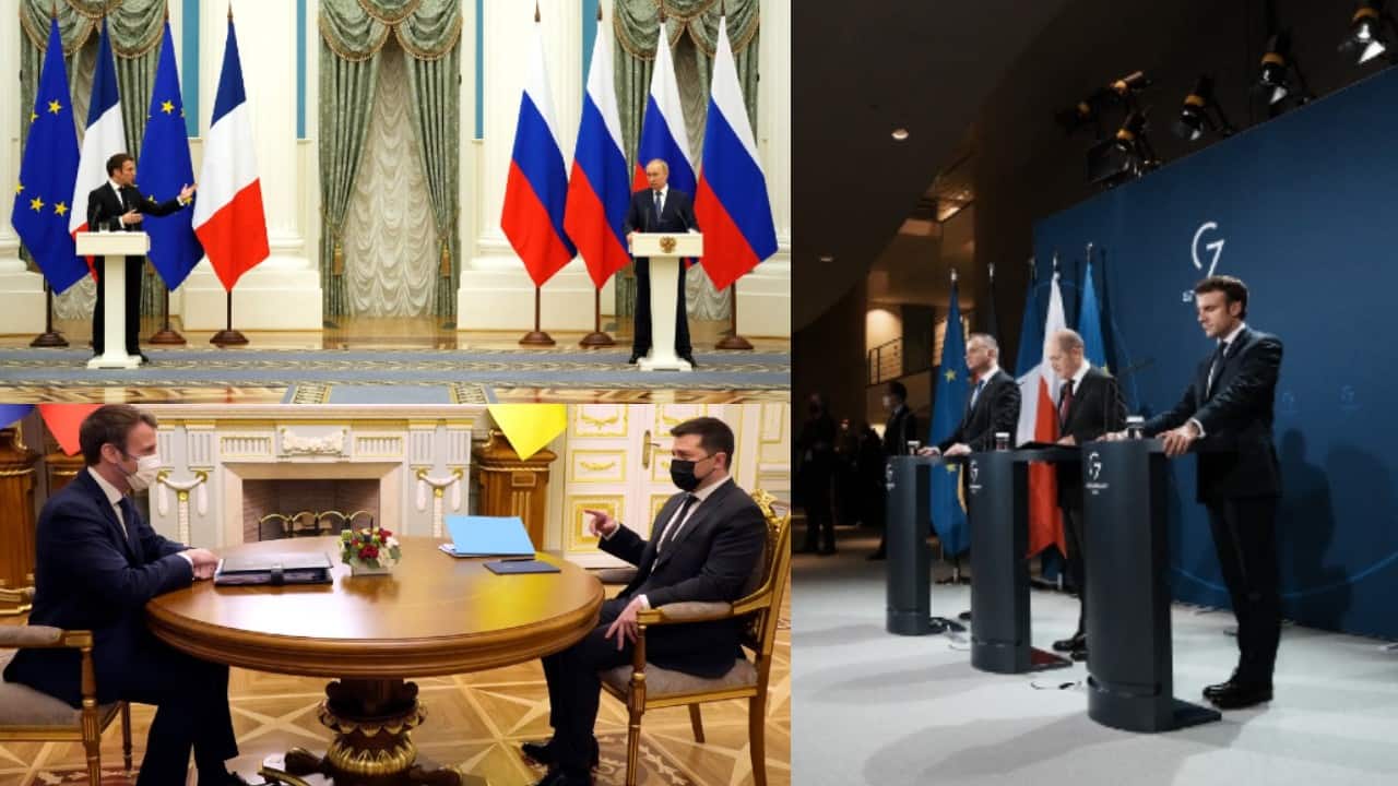 On February 7 French President Emmanuel Macron shuttles between Moscow, Kyiv and Berlin in a bid to head off war, with the US saying Russia now has 110,000 troops on Ukraine's border with another 40,000 to arrive within a week. (Source: AFP)