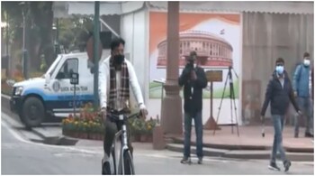 Union Health Minister Mansukh Mandaviya has been seen cycling to the parliament on previous occasions too. (Screengrab from video shared by the health ministry)