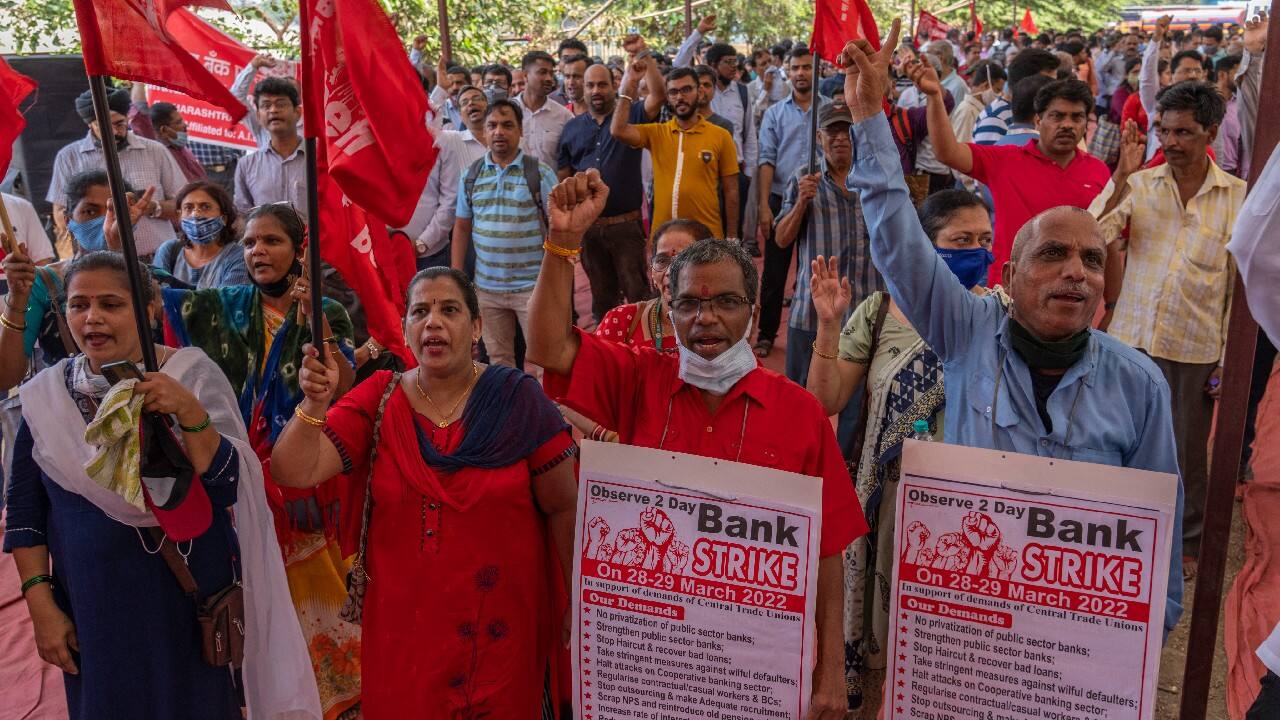 Bank employees shout slogans on the first day of a two-day nationwide strike in Mumbai. (Image: AP) Bank employees shout slogans on the first day of a two-day nationwide strike in Mumbai. (Image: AP)