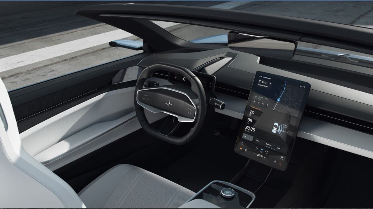 The looks of the car aside, what is perhaps the O2’s biggest feature is that it will come with a drone strapped to the back. Imagine Speed Racer’s Mach 5 and the homing robot. It could be controlled from within the car by deploying it using the G button on the steering wheel or sent to ‘home’ using the H button on the centre console. (Image: Polestar)