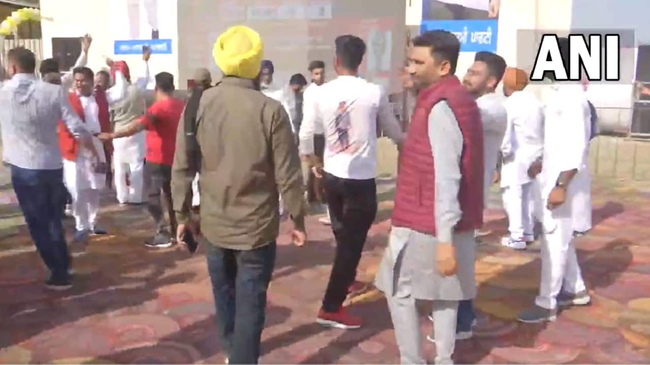 Celebrations has begun at Bhagwant Mann residence in Sangrur as the Aam Aadmi Party crosses the majority mark in Punjab. Mann, AAP’s chief ministerial candidate in Punjab, is leading from his seat in Dhuri. The counting of votes for the assembly election on March 10. (Image: ANI)