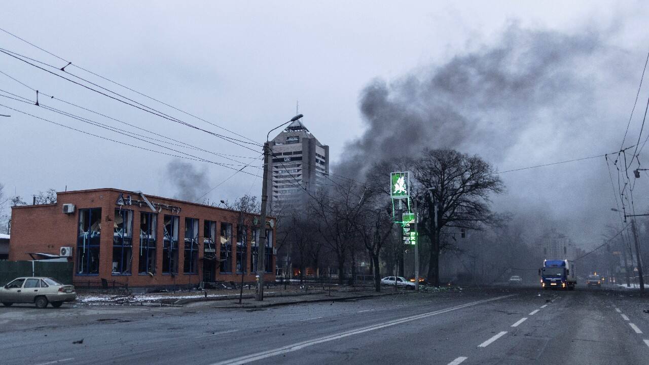 Smoke rises from a building after a blast, amid Russia's invasion of Ukraine, in Kyiv, Ukraine March 1. Smoke rises from a building after a blast, amid Russia's invasion of Ukraine, in Kyiv, Ukraine March 1.