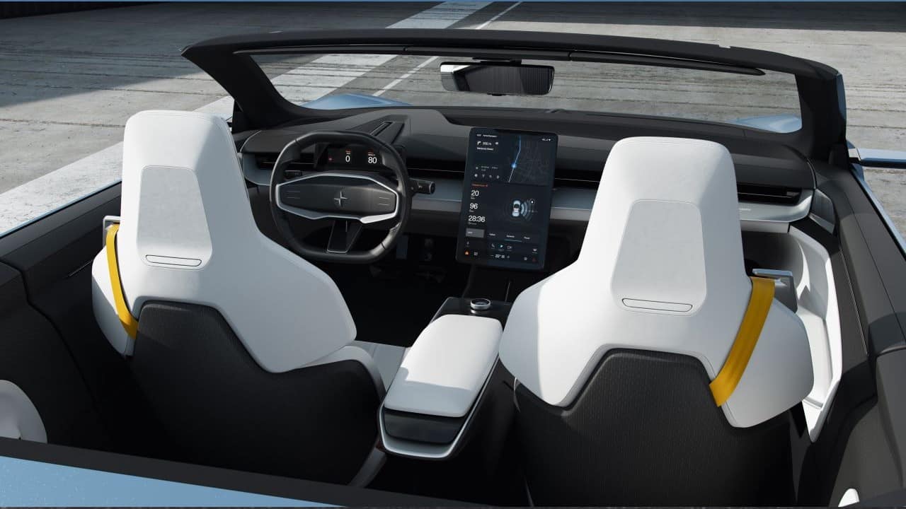 The inside of the car, Polestar says, features the Android Automotive operating system: a system developed specifically for automobile infotainment systems and does not depend on phone pairing like Android Auto. A large portrait display dominates the centre of the dash board and a small instrument cluster sits just behind the two-spoke steering wheel. Most of the car is minimal and that be clearly seen from the images. The knob on the centre console also has a play/pause button, so we assume that will control music. (Image: Polestar)