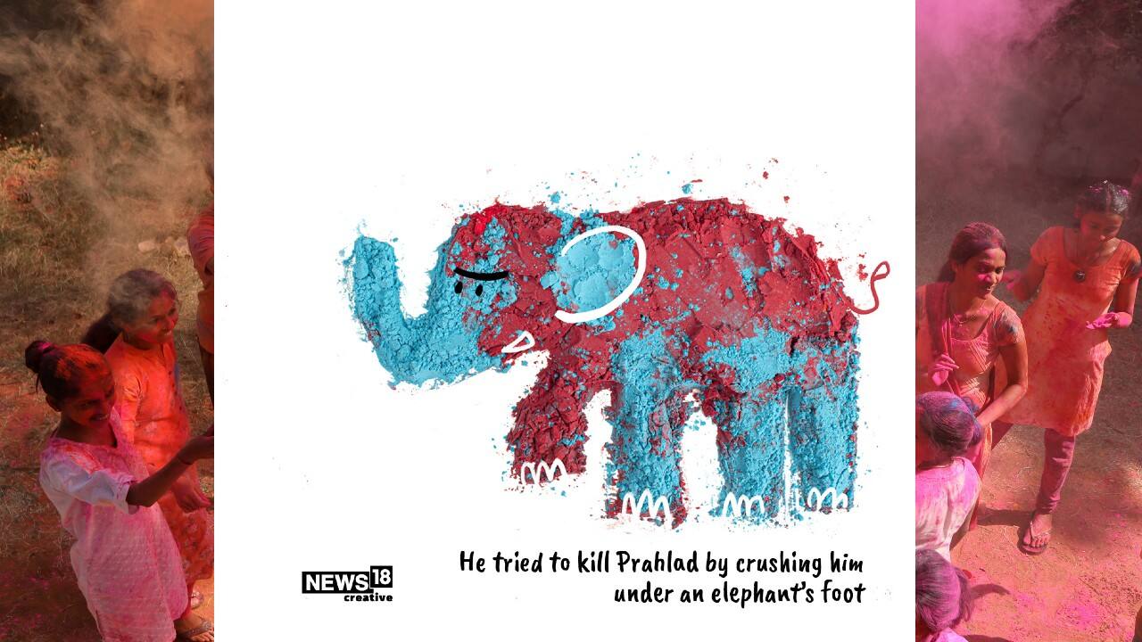 He tried to kill Prahlad by crushing him under an elephant’s foot. (Image: News18 Creative) He tried to kill Prahlad by crushing him under an elephant’s foot. (Image: News18 Creative)