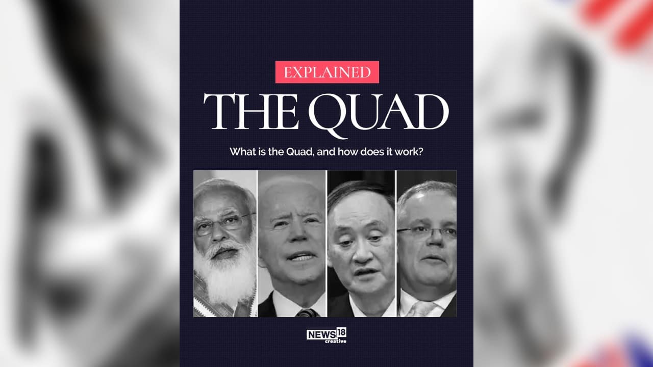 A virtual meeting of Quad leaders of countries – United States, Japan, Australia and India - is to be held on March 3. U.S. President Joe Biden, Indian Prime Minister Narendra Modi, Australian Prime Minister Scott Morrison and Japanese Prime Minister Fumio Kishida will take part in the meeting. Here’s a look at what the Quad is and how it works. (Image: News18 Creative)