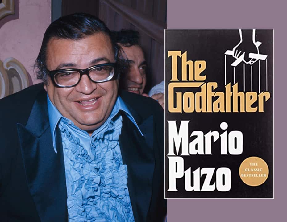 Mario Puzo in 1972; and a copy of 'The Godfather'. (Puzo image by Bernard Gotfryd via Wikimedia Commons).
