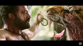 NTR Jr in 'RRR'. Directed by SS Rajamouli, the film released in theatres on March 25, 2022. (Screen grab)